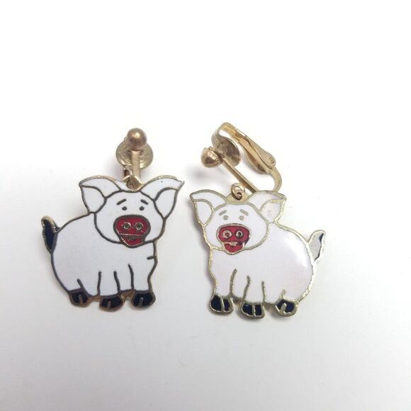Vintage Pig Dangle Clip On Earrings, White Enamel, Cute Farm Animal - Picture 2 of 6
